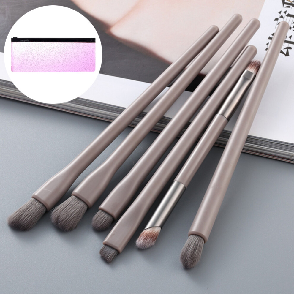 (Khaki) 6Pcs/Set Eyeshadow Brush Set Soft Fiber Eye Makeup Brushes with Bag for Eyebrow,Eyeliner,Concealer Blending