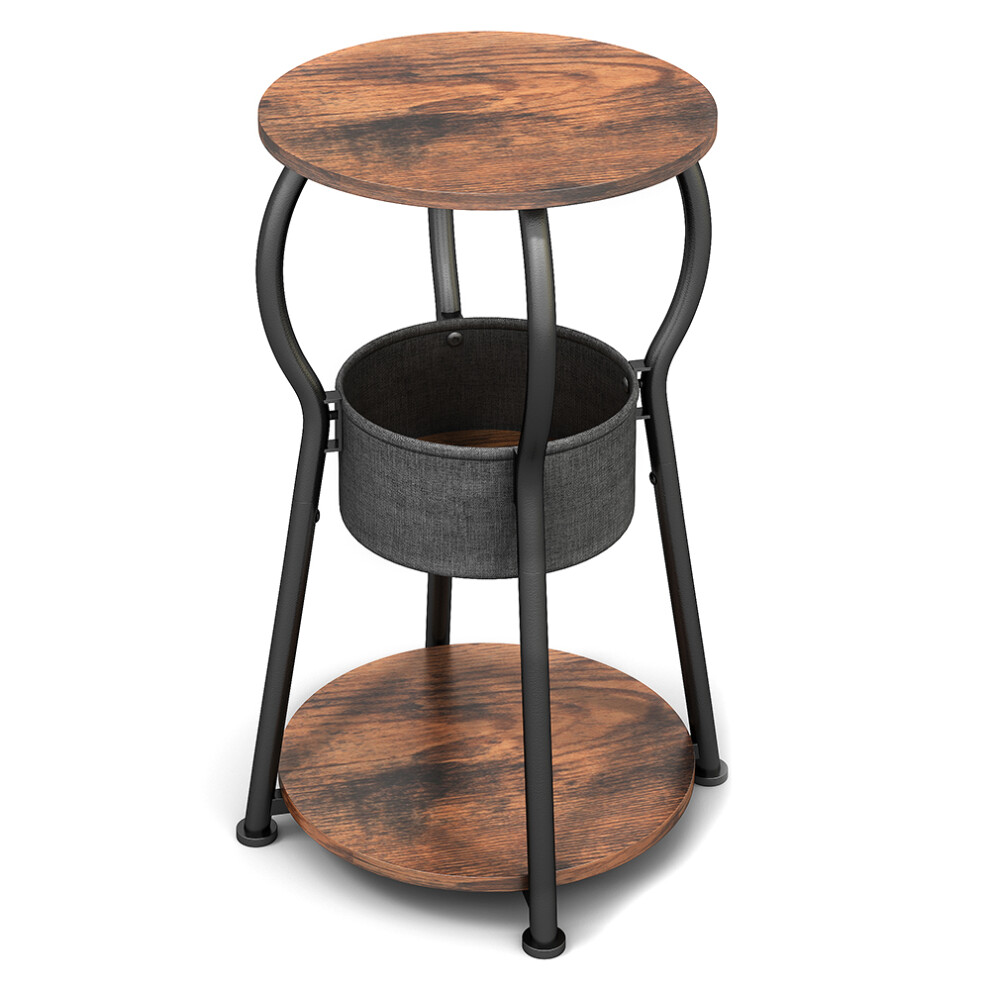 (Rustic Brown) 596-BS9-3-Tier Small Round End Table with Cloth Storage Basket,30x30x55cm-image-OPC-PJS58SM-NEW