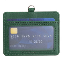 (Green) BFK14 Horizontal ID Badge Credit Card Protective Case PU Leather Card Storage Bag with Lanyard