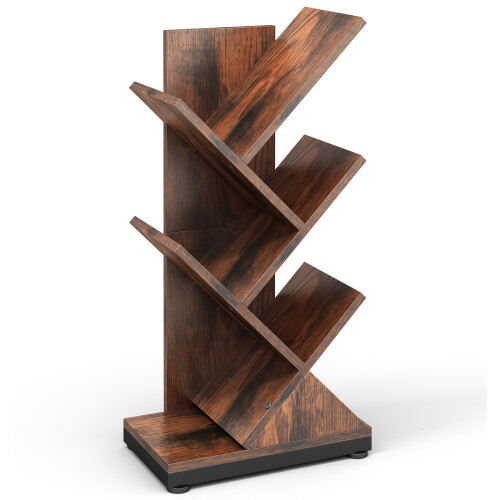 (Rustic Brown) AWD-1 V9 Small Tree Leaf Bookshelf with Metal Frame Adjustable Feet