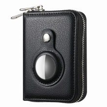 (Litchi Texture/Black) RFID Blocking Card Holder PU Leather Zipper Wallet with Built-in Case for Apple AirTag