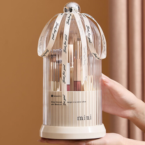 (Beige) Makeup Brush Storage Bucket Rotatable Dressing Table Cosmetics Storage Rack with Lid 2