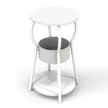 (White wood grain) 596-BS9-3-Tier Round End Table with Cloth Storage Basket,30x30x55cm