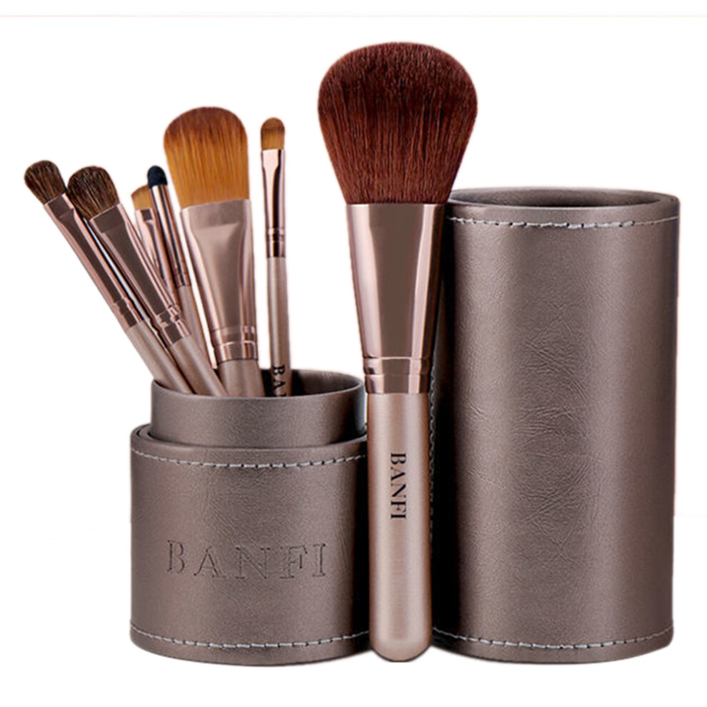 Gold (Champagne ) Banfi 7Pcs Eyeshadow Foundation Lip Makeup Brush Set With Cylindrical Box