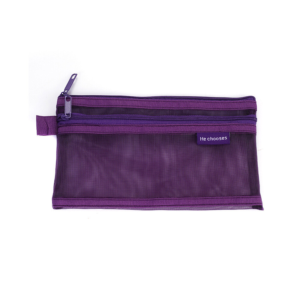 (Purple) HE CHOOSES D005 Double Layer Nylon Mesh Student Stationery Storage Bag-image-OPC-PJS5DRS-NEW