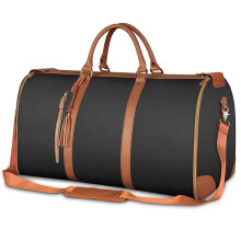 (Black/Brown) Travel Garment Bag Portable Luggage Organizer Large Capacity PU Leather Duffel Bag