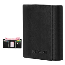 (Black) BANYANU N2038 Men's Compact Genuine Leather Trifold Wallet Multi Card Slots