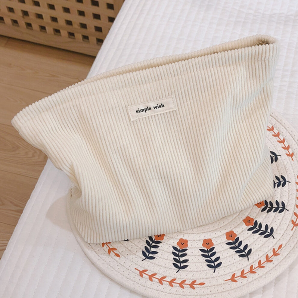 (Beige) 135 Solid Color Makeup Storage Pouch Wear-resistant Corduroy Toiletries Cosmetic Organizer Bag for Women and Teen Girls