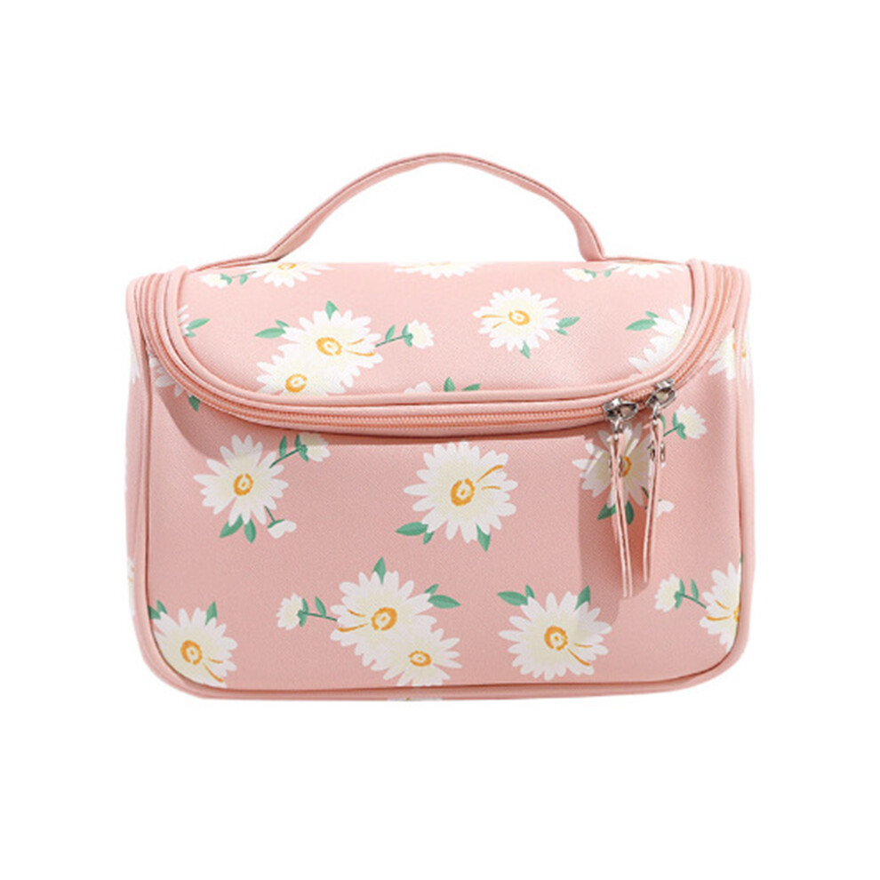 Pink (Daisy/Pink) Hk8158 Large Capacity Waterproof Toiletry Bag Portable Travel Pu Leather Makeup Cosmetics Carrying Bag