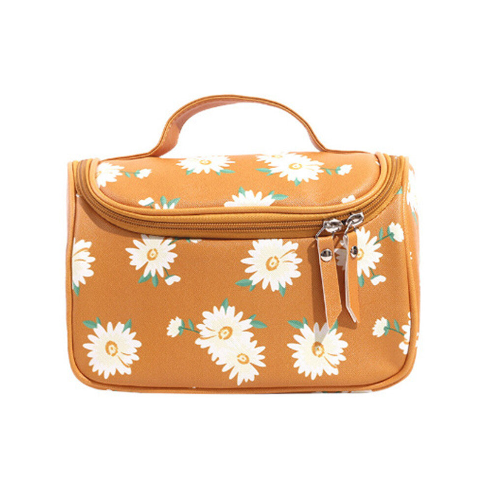 Yellow (Daisy/Yellow) Hk8158 Large Capacity Waterproof Toiletry Bag Portable Travel Pu Leather Makeup Cosmetics Carrying Bag