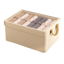 (Beige) Foldable Clothes Storage Box with Transparent Lid Cationic Fabric Wardrobe Organizer for Pants Shirts