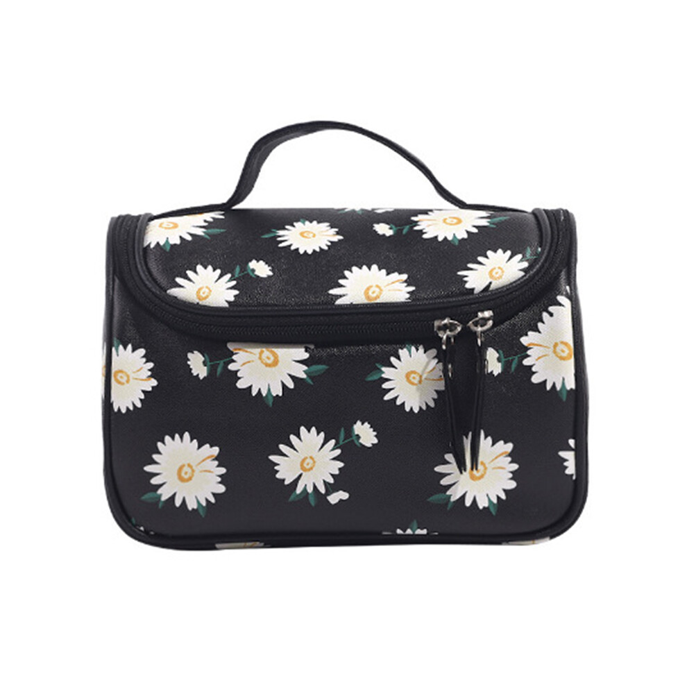 Black (Daisy/Black) Hk8158 Large Capacity Waterproof Toiletry Bag Portable Travel Pu Leather Makeup Cosmetics Carrying Bag
