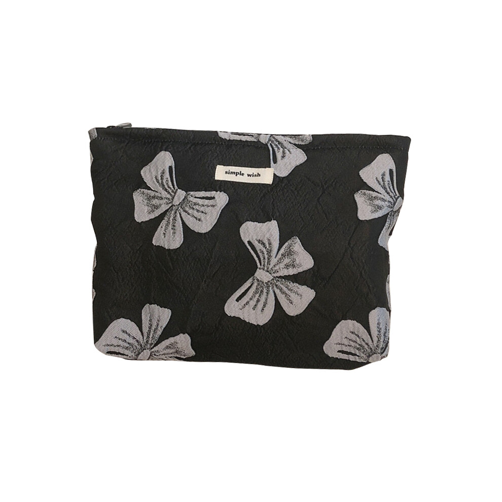 (Black/Grey Bowknot) 139 Bowknot Jacquard Makeup Bag Travel Toiletry Organizer Women Canvas Cosmetic Pouch