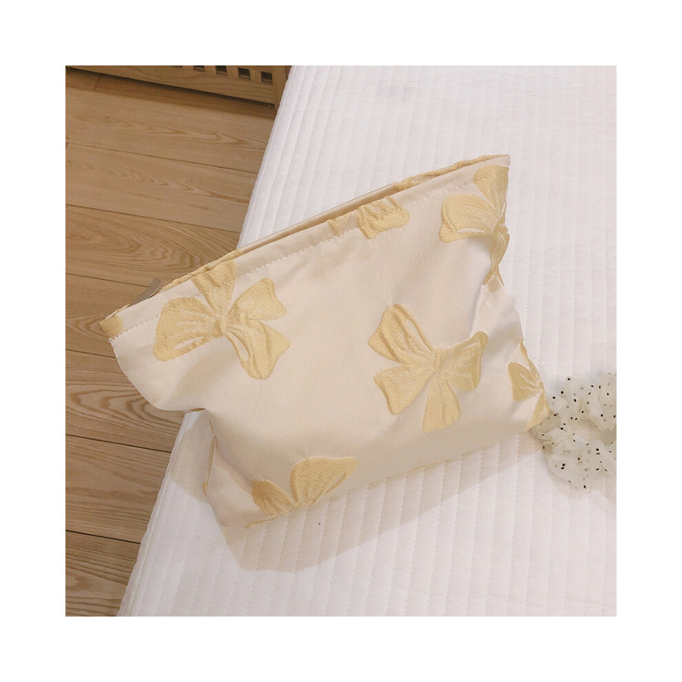 (Beige) 45 Travel Toiletry Organizer Retro Bowknot Jacquard Makeup Bag Women Canvas Cosmetic Pouch