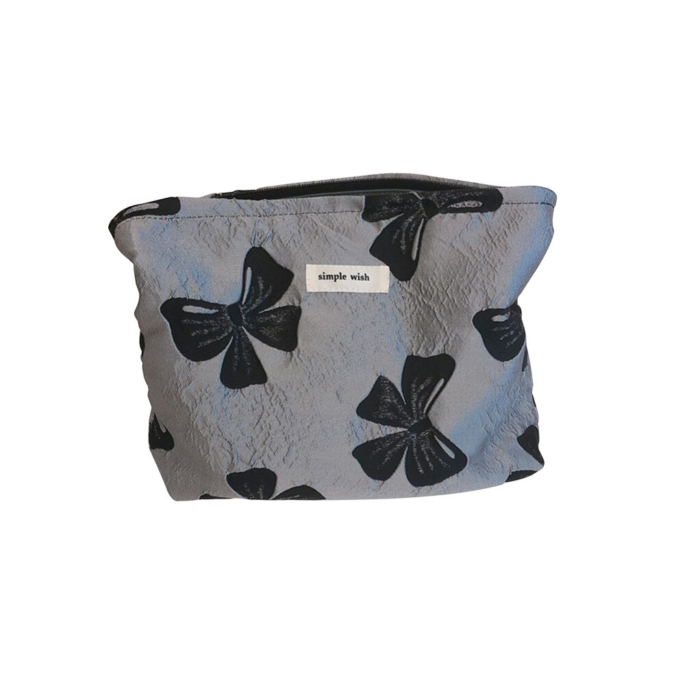 (Grey/Black Bowknot) 139 Bowknot Jacquard Makeup Bag Travel Toiletry Organizer Women Canvas Cosmetic Pouch