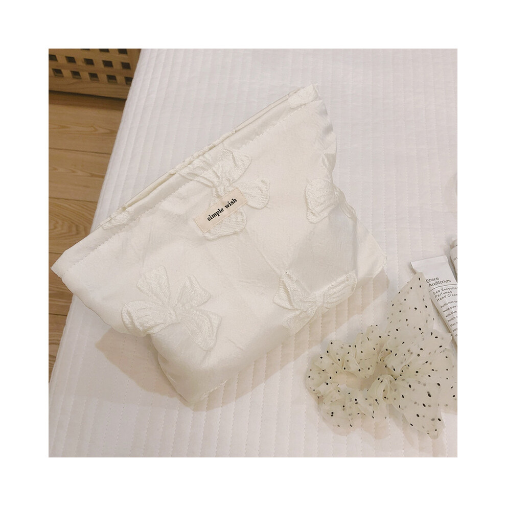 (Milky White) 45 Travel Toiletry Organizer Retro Bowknot Jacquard Makeup Bag Women Canvas Cosmetic Pouch