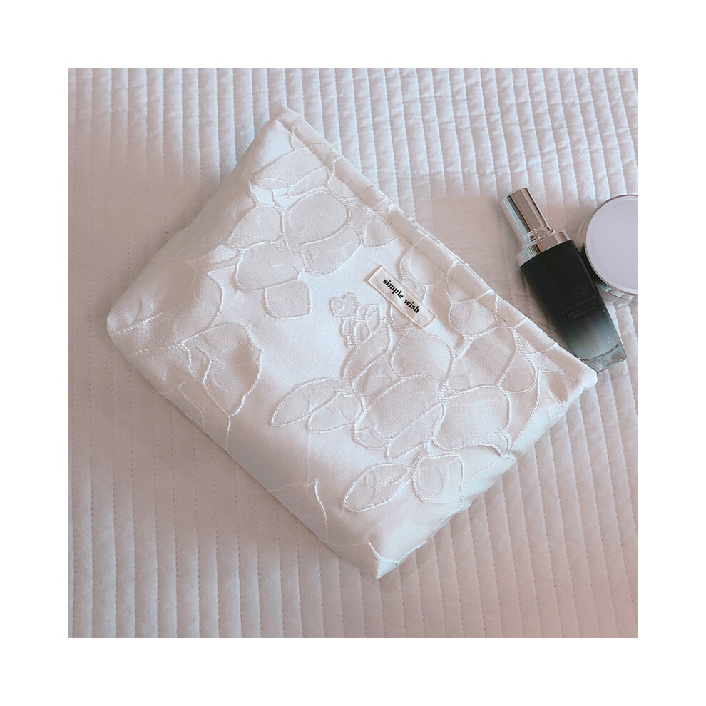 White (White) 148 Women Embossed Flower Canvas Makeup Bag Travel Toiletry Organizer Cosmetic Pouch