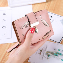 (Pink) PU Leather Wallet for Women Hollow Leaves Short Clutch Bag Card Holder Zipper Coin Purse
