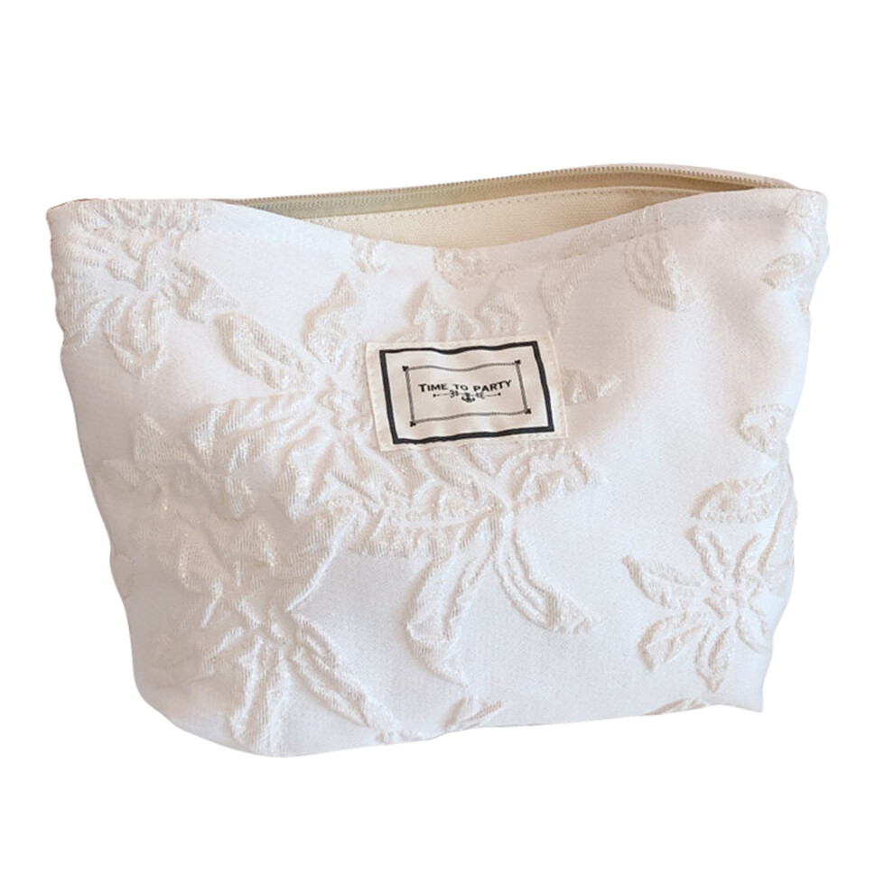 White (White) 76 Canvas Makeup Cosmetic Bag Travel Organizer Embossing Flower Pattern Toiletry Travel Bag
