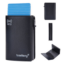 (Black) BAELLERRY K9301 RFID Blocking Automatic Pop Up Card Holder Litchi Texture Leather Zinc Alloy Credit Card Case