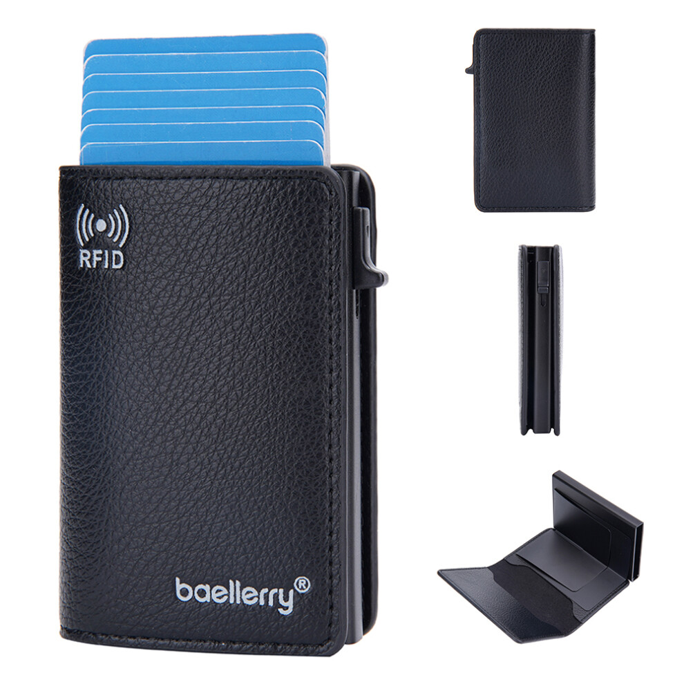 (Black) Baellerry K9301 Rfid Blocking Automatic Pop Up Card Holder Litchi Texture Leather Zinc Alloy Credit Card Case Black