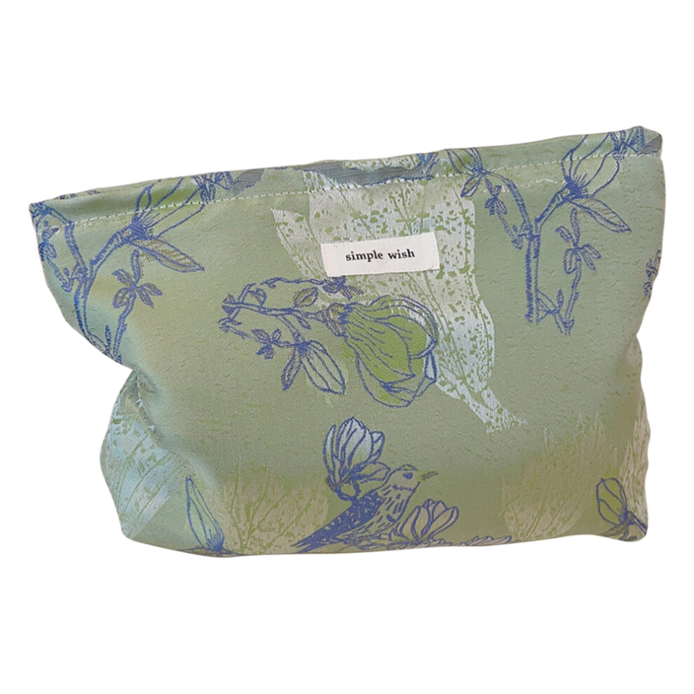 (Green) National Style Bird Flower Pattern Makeup Bag Canvas Zipper Purse Portable Cosmetic Pouch Organizer Bag