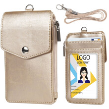 (Gold) Zipper Pocket Design PU Leather Card Bag ID Bus Card Holder with Neck Strap