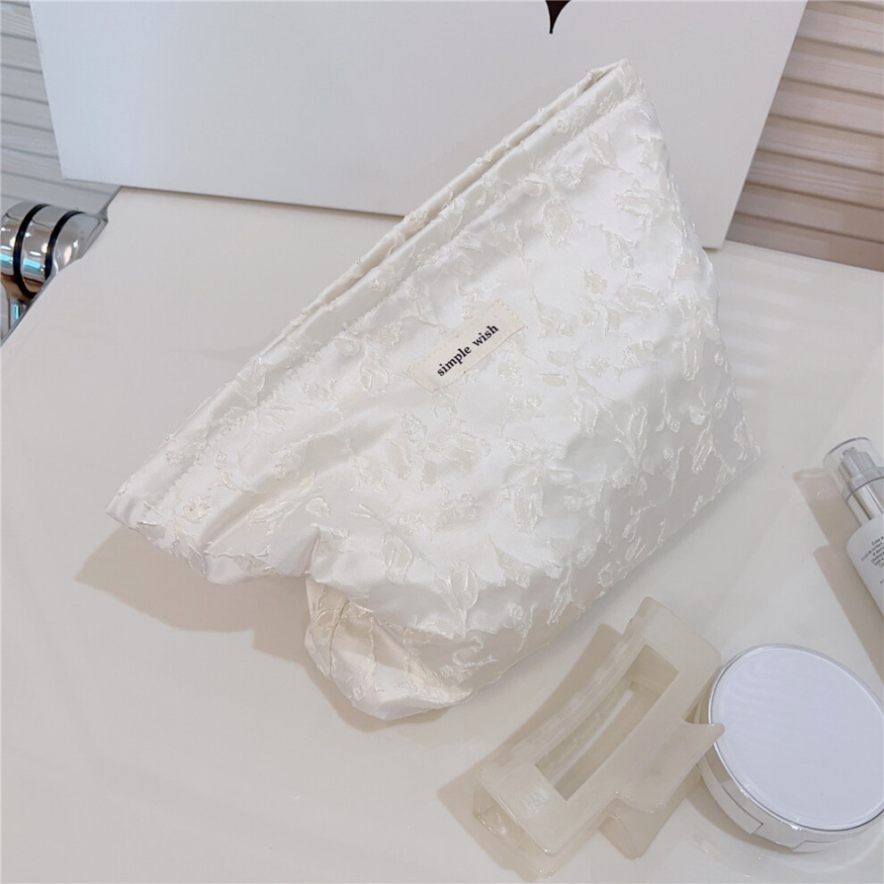 (Beige) Embossment Makeup Bag Zipper Cosmetic Pouch Large Travel Canvas Organizer Bag