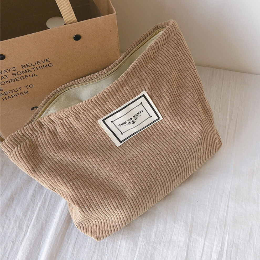 (Khaki) 602 Corduroy Toiletries Purse Makeup Storage Pouch Cosmetic Organizer Bag Hand Carrying Pouch