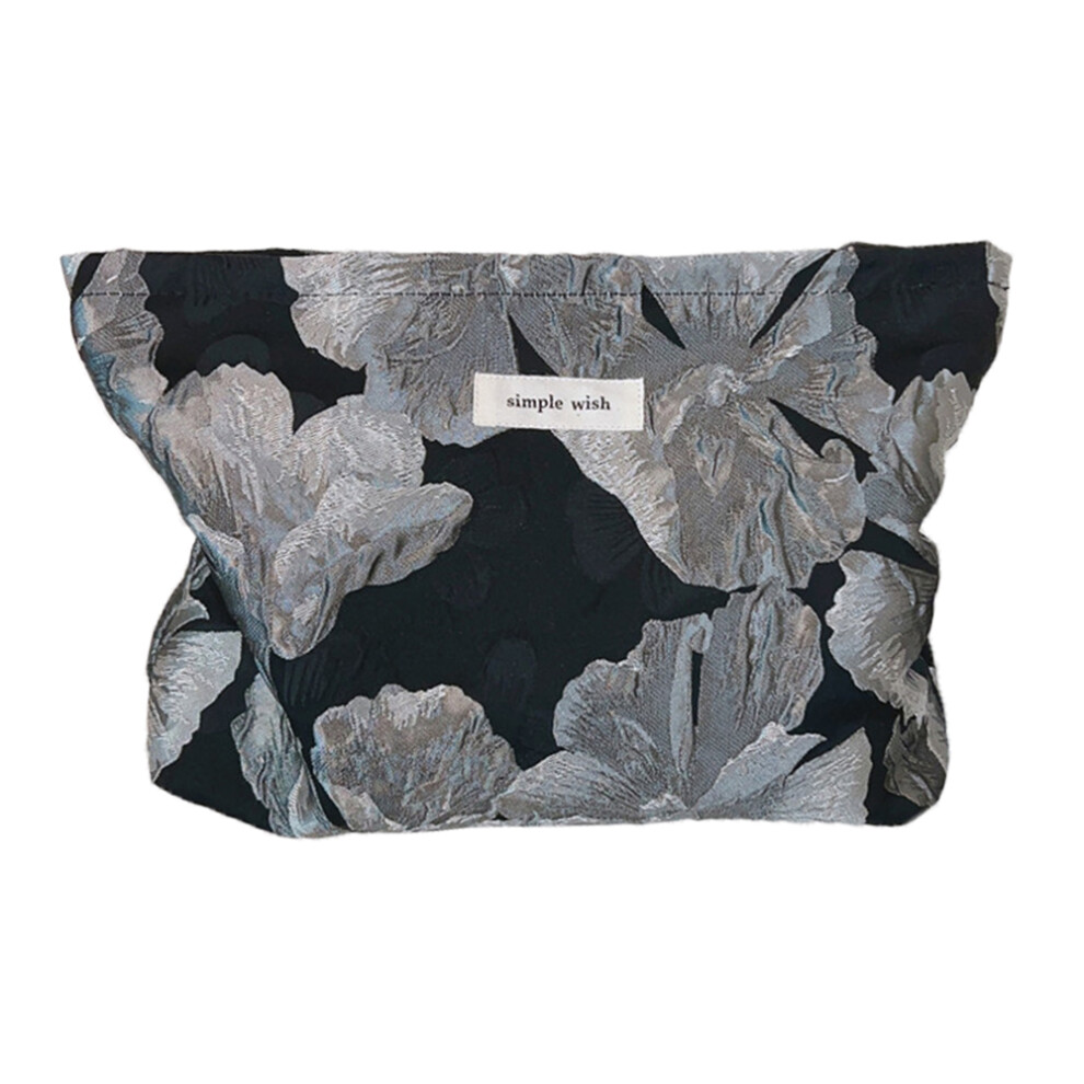(Large Silver Flower) Flower Pattern Portable Cosmetic Bag Zipper Purse Pouch Canvas Makeup Storage Bag