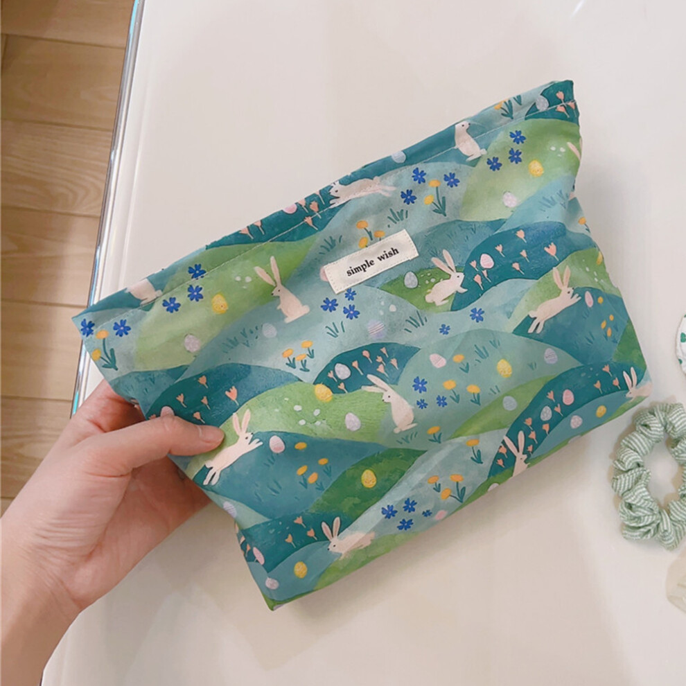 (Green/Rabbit) Canvas Clutch Bag Flower Pattern Travel Toiletry Cosmetic Storage Bag