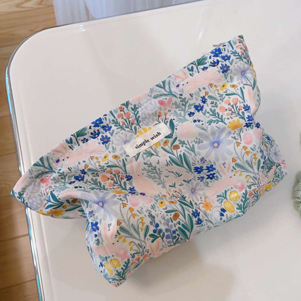 (Blue Green Flower) Canvas Clutch Bag Flower Pattern Travel Toiletry Cosmetic Storage Bag