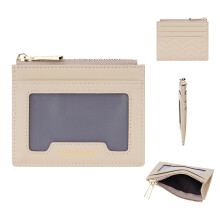 (Apricot) BAELLERRY NR098 Simple Style Wallet Card Holder Pouch Zipper Pocket PU Leather Coin Cash Money Storage Bag