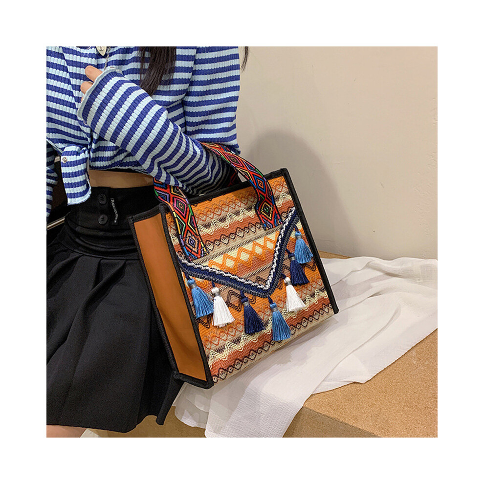 (Brown) Large Knitted Fabric Hand Bag Women Teen Girl Ethnic Style Handbag with Tassel Decoration