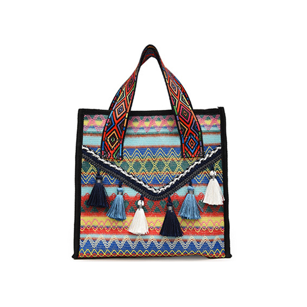(Blue) Large Knitted Fabric Hand Bag Women Teen Girl Ethnic Style Handbag with Tassel Decoration
