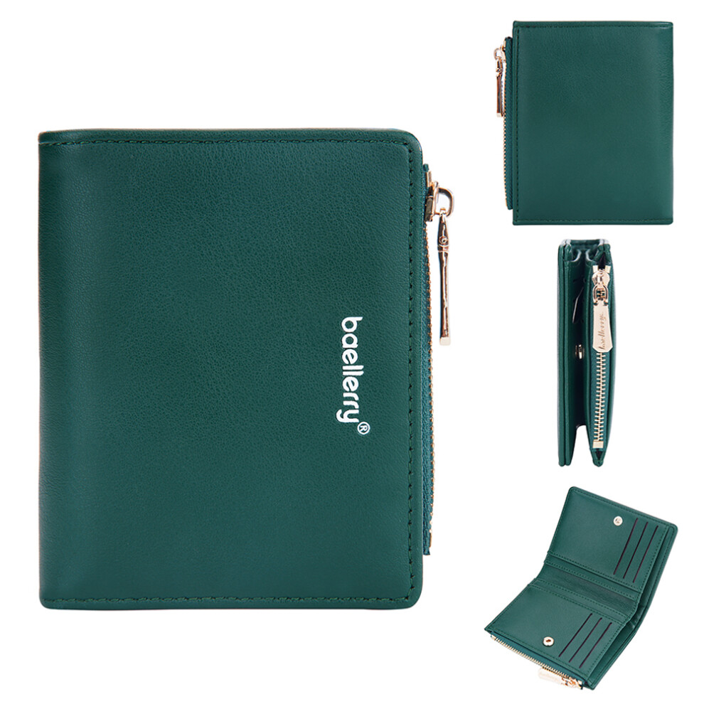 (Green) Baellerry N8113 Portable Bi-Fold Coin Purse Zipper Pocket Design Pu Leather Women Short Wallet Green
