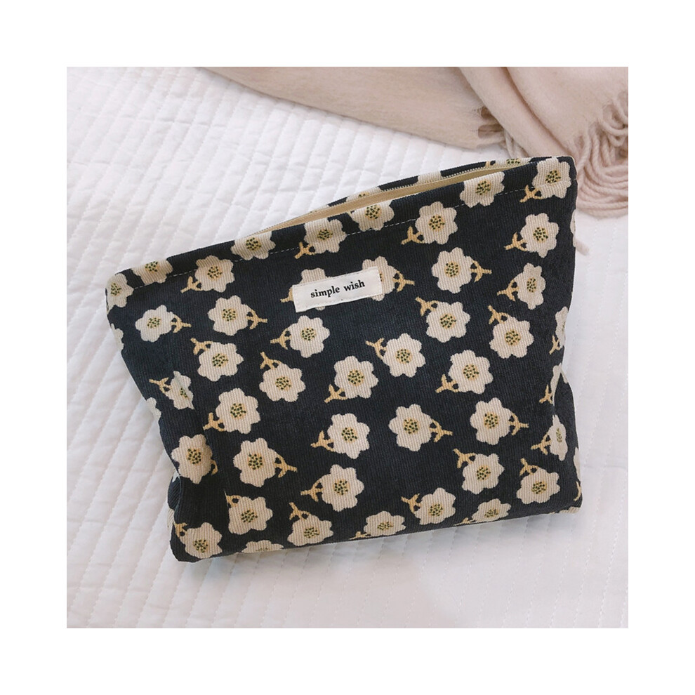 (Navy Blue) 142 Vintage Flower Pattern Makeup Bag Corduroy Travel Toiletry Organizer Smooth Zipper Cosmetic Pouch