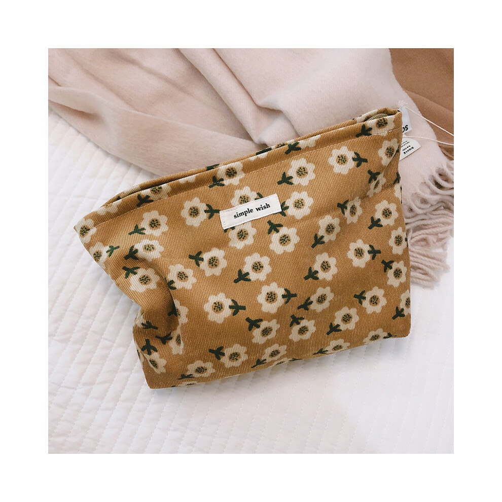 (Yellow) 142 Vintage Flower Pattern Makeup Bag Corduroy Travel Toiletry Organizer Smooth Zipper Cosmetic Pouch