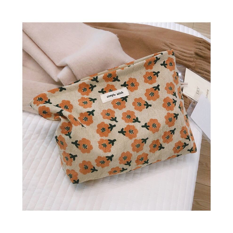 (Beige) 142 Vintage Flower Pattern Makeup Bag Corduroy Travel Toiletry Organizer Smooth Zipper Cosmetic Pouch