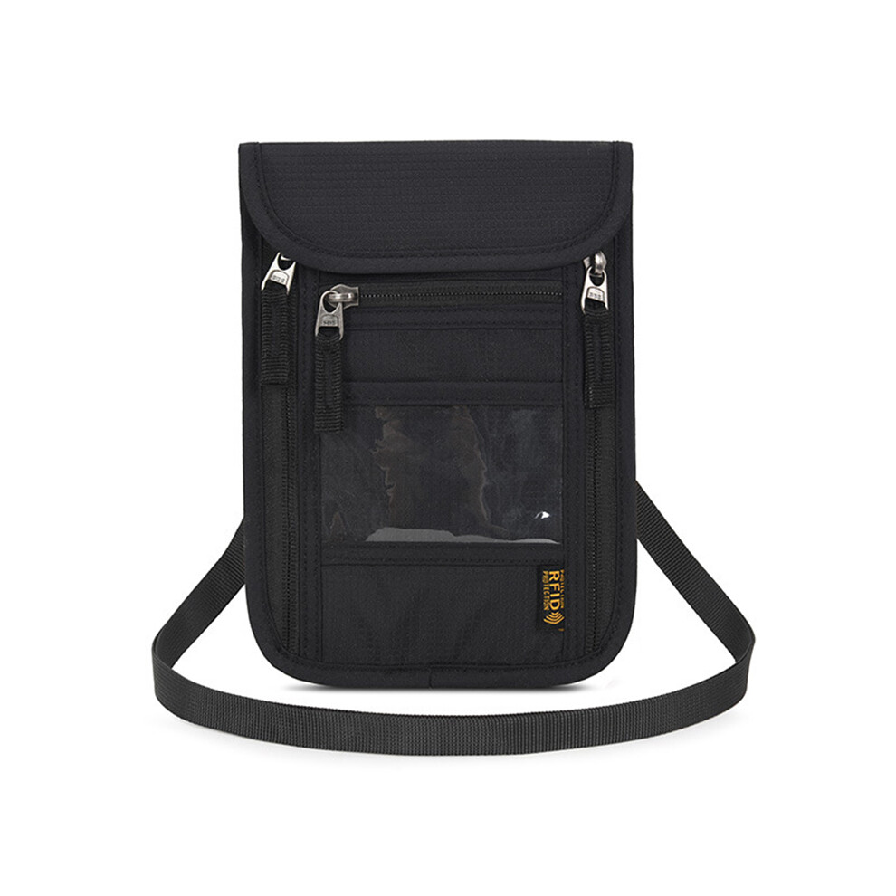 (Black) JUNLETU RFID Blocking Travel Passport Storage Bag Waterproof Nylon Credit Cards Phone Carrying Bag-image-OPC-PJS5K6G-NEW