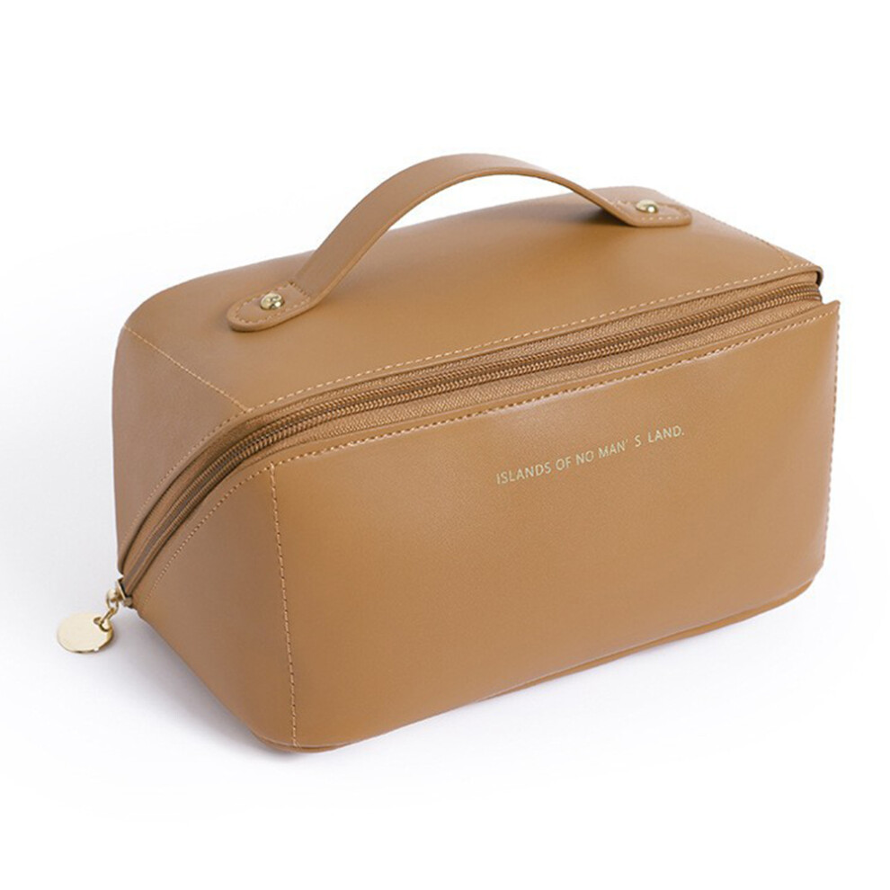Brown (Brown) Hk8293 Large Capacity Cosmetic Storage Pouch Portable Pu Leather Makeup Organization Bag Travel Toiletry Organizer Bag