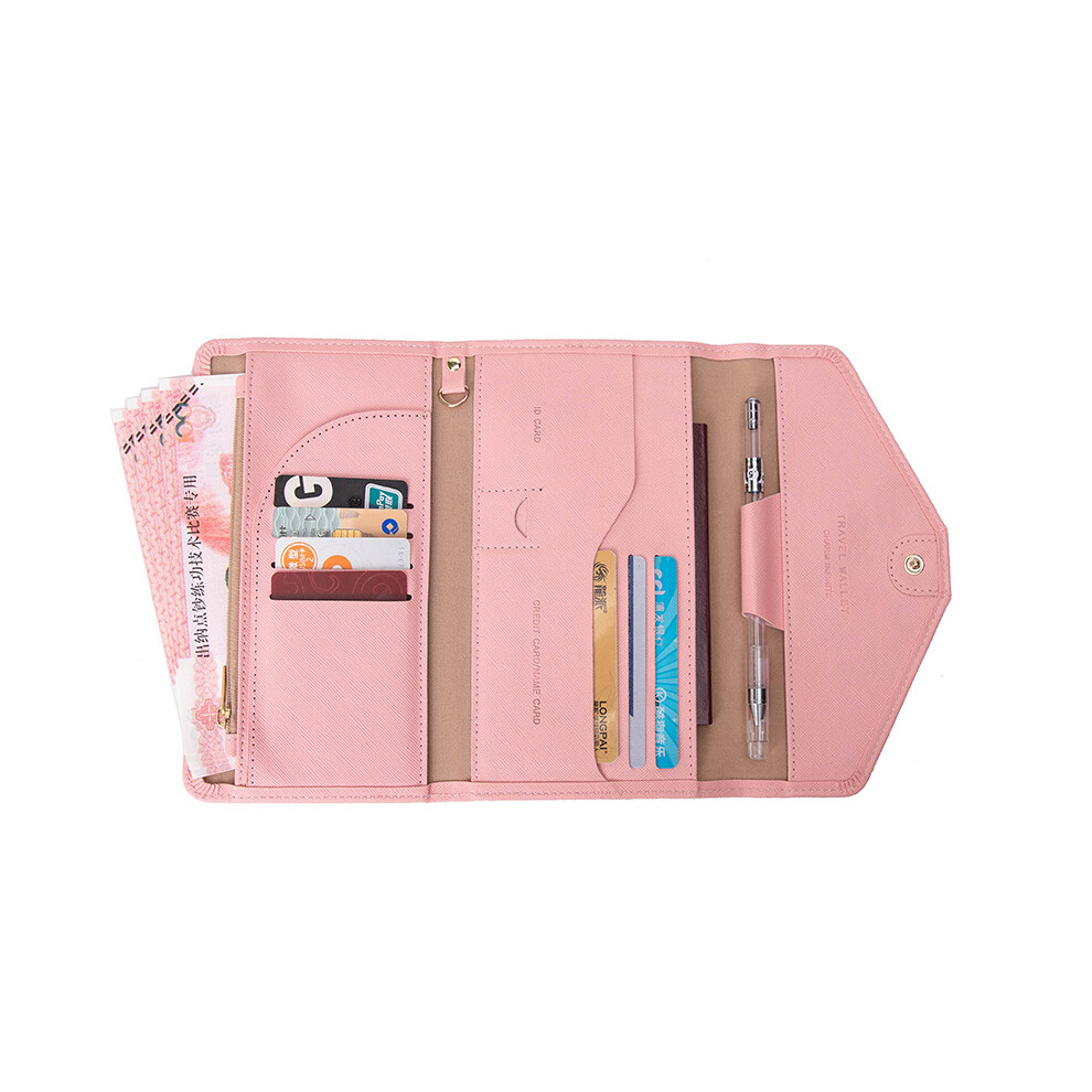 (Pink) RFID Blocking Card Holder Wallet PU Leather Tri-Fold Travel Passport Bag Document Organizer-image-OPC-PJS5KDC-NEW