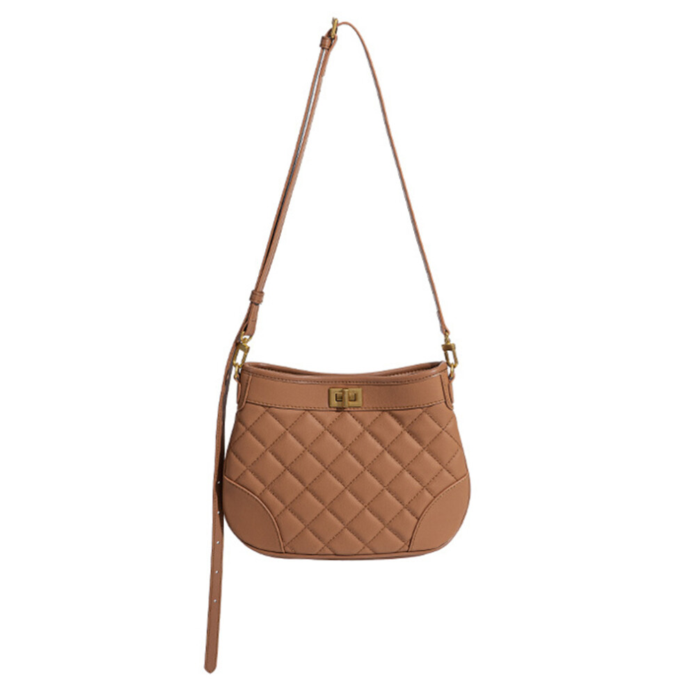 (Brown) 9675 Rhombus Grid Design Cowhide Leather Women Single Shoulder Crossbody Bag-image-OPC-PJS5KF2-NEW