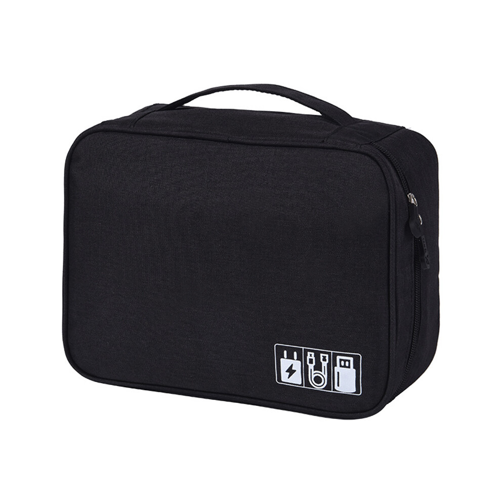 (Black) Water-Resistant Data Cable Digital Accessories Carrying Pouch 300D Cationic Fabric Handbag Power Bank Zipper Bag Black 6914272426977