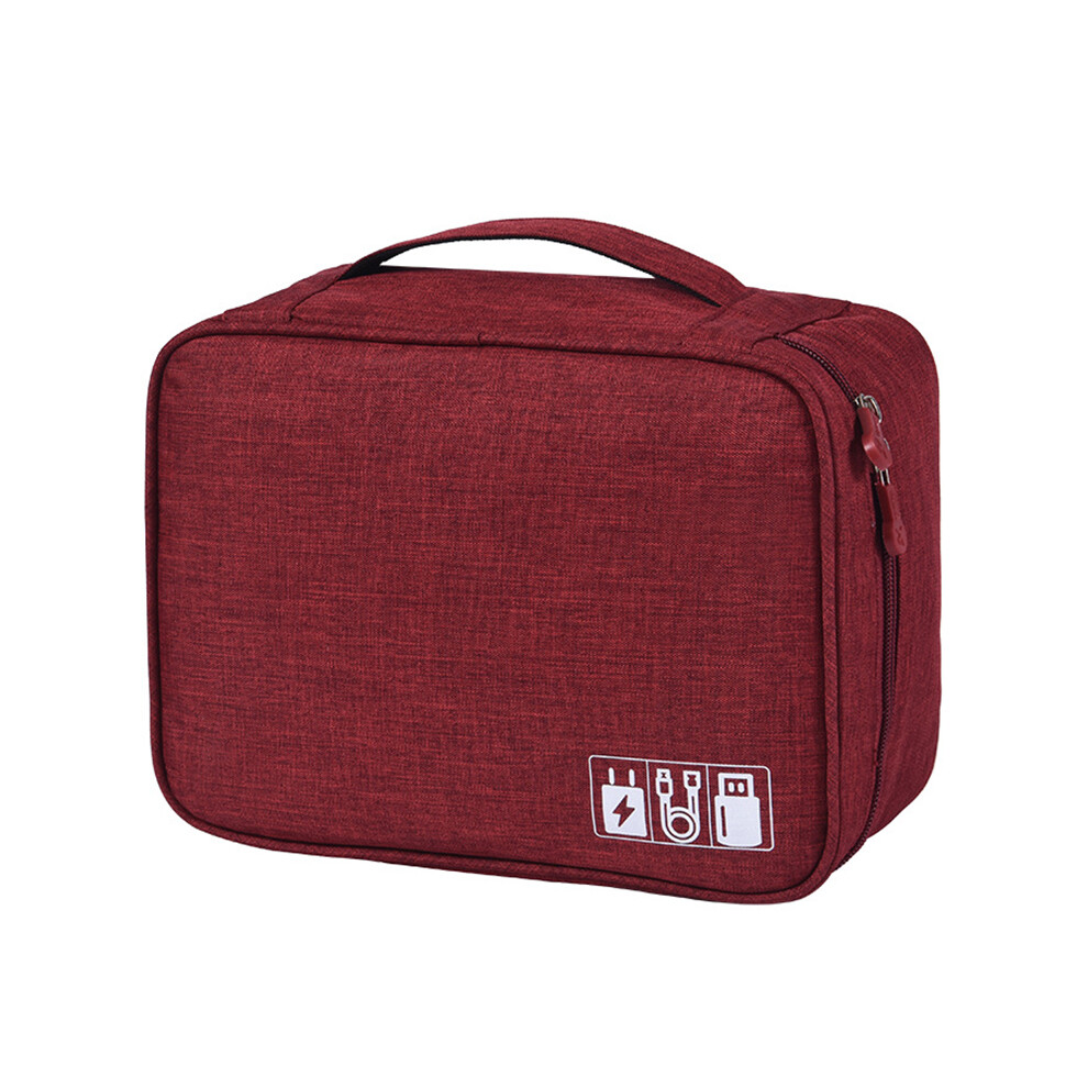 (Wine ) Water-Resistant Data Cable Digital Accessories Carrying Pouch 300D Cationic Fabric Handbag Power Bank Zipper Bag Red 6914274688670