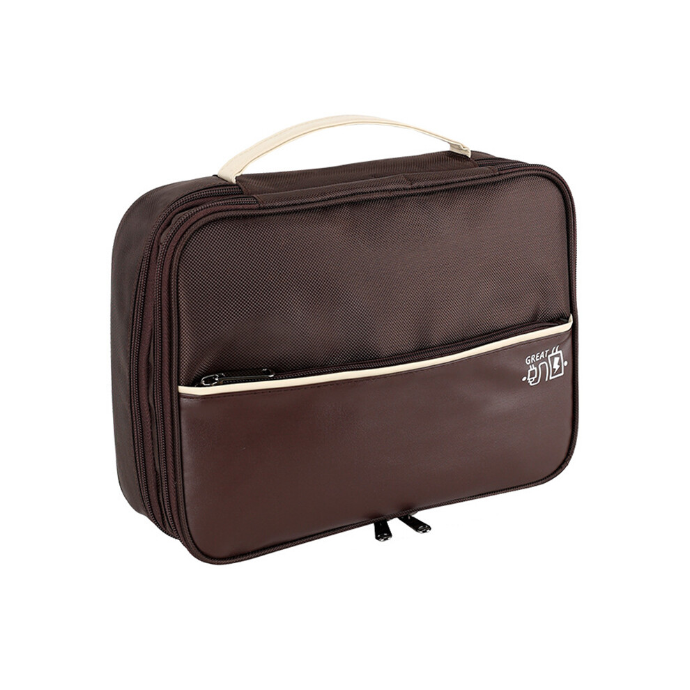 (Coffee) Three Layers Digital Accessories Storage Bag Polyester+PU Leather Data Cable Power Bank Handbag-image-OPC-PJS5KMT-NEW