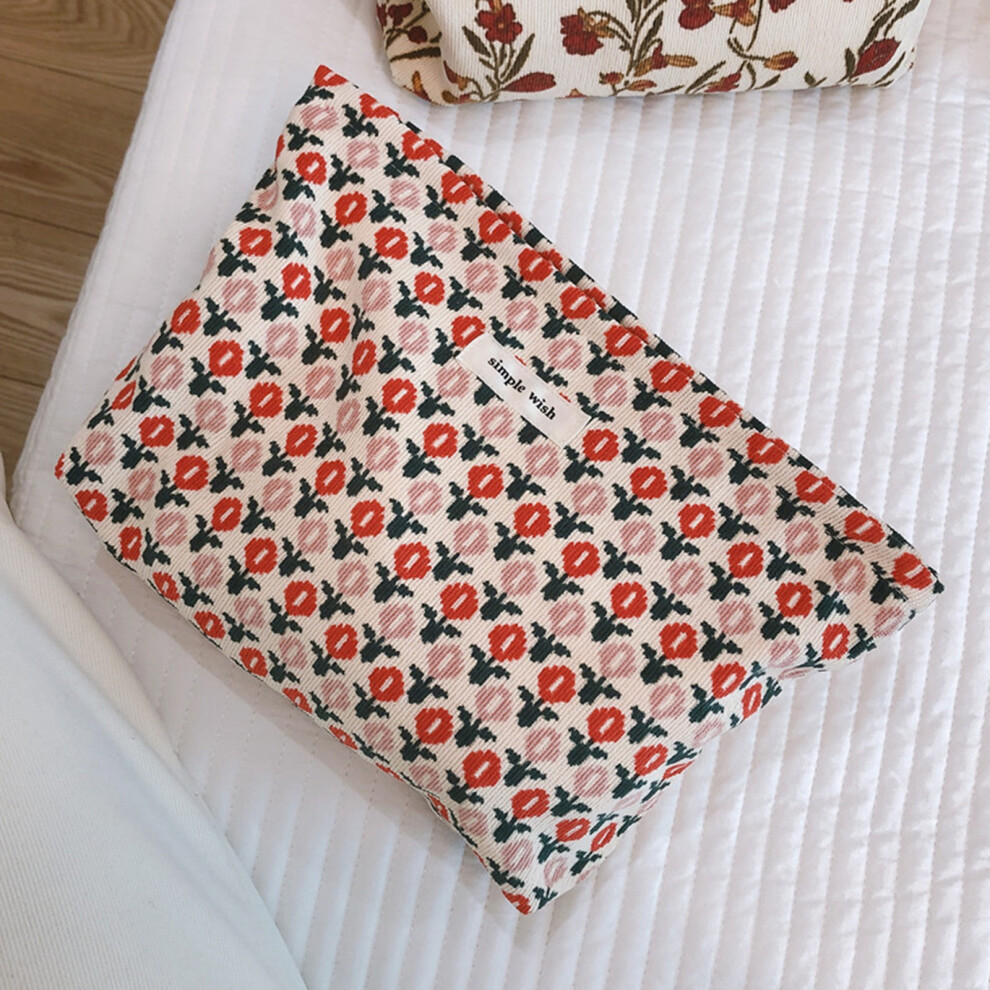 (A) 140 Corduroy Vintage Flower Pattern Makeup Bag Travel Toiletry Organizer Wear-resistant Smooth Zipper Cosmetic Storage Pouch