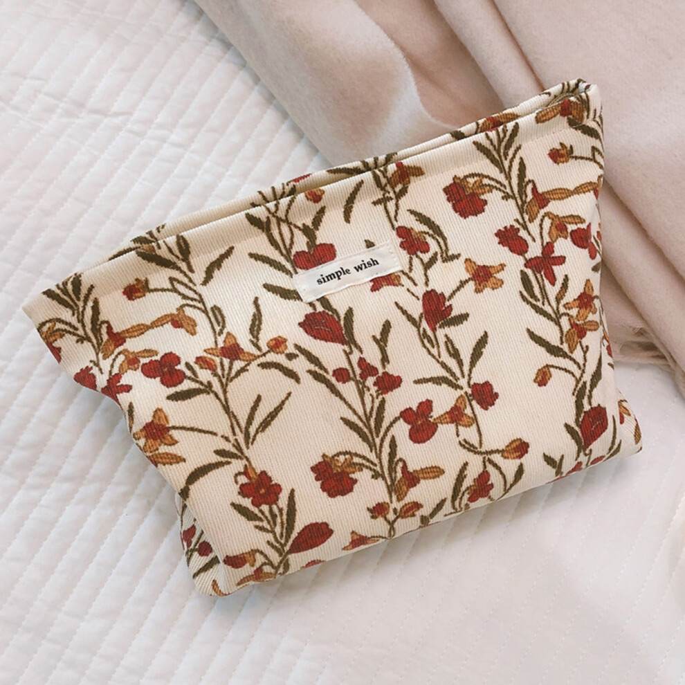 (Beige/Red Flower) 140 Corduroy Vintage Flower Pattern Makeup Bag Travel Toiletry Organizer Wear-resistant Smooth Zipper Cosmetic Storage Pouch
