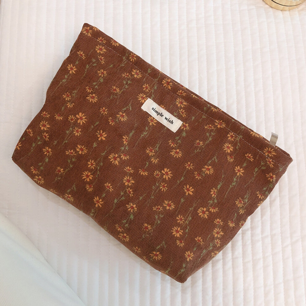 (Coffee/Yellow Flower) 140 Corduroy Vintage Flower Pattern Makeup Bag Travel Toiletry Organizer Wear-resistant Smooth Zipper Cosmetic Storage Pouch