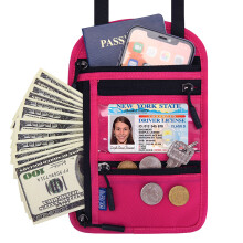 (Rose) JUNLETU RFID Blocking Travel Passport Bag Credit Cards Tickets Storage Nylon Crossbody Neck Hanging Bag
